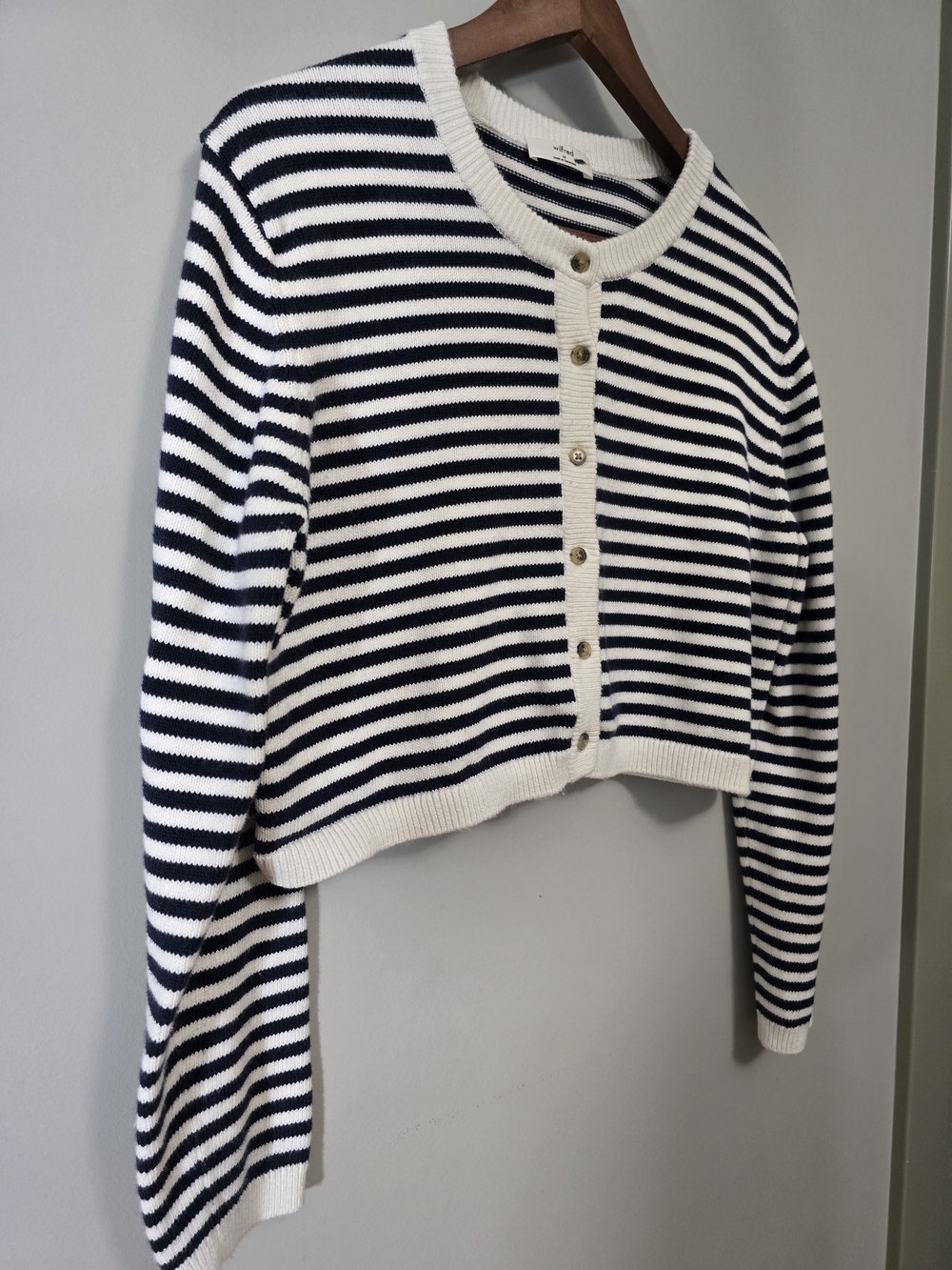 Wilfred By Aritzia Cropped Striped Button-Front Top - Navy & White Size Medium
